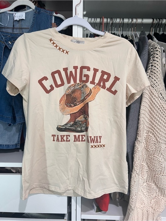 Tops - Cowgirl Graphic Tee - Cream with Rust Accents